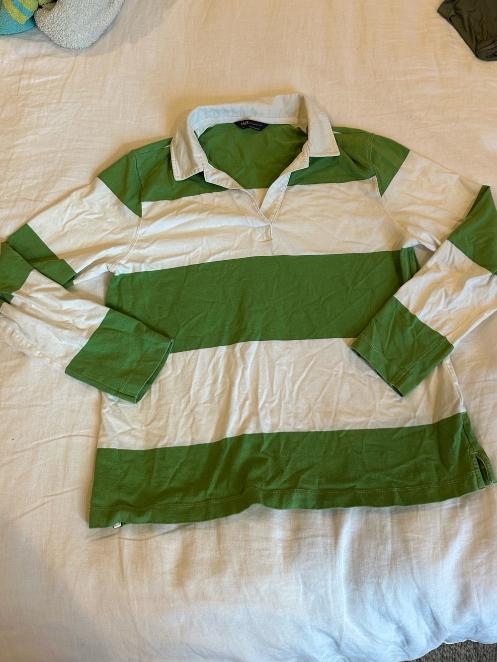 M&S Collection Green White Striped Rugby Shirt Long Sleeve Medium